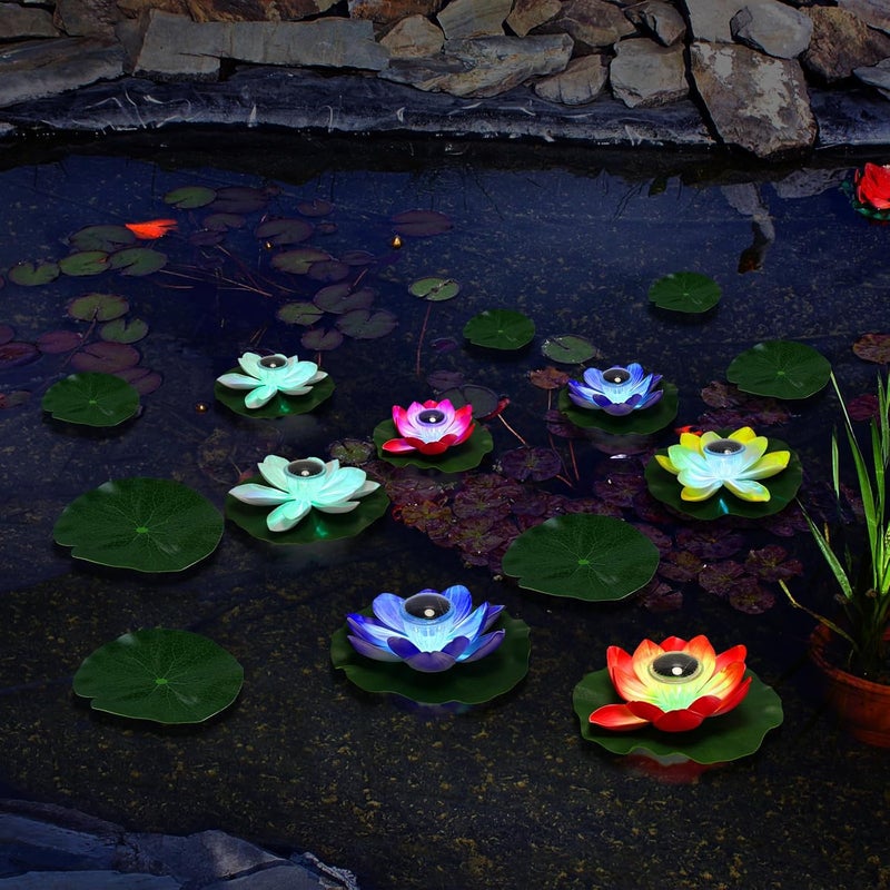 VIHOSE 6 Pcs Solar Floating Pond Lights Waterproof Solar Lotus Floating LED with 10 Pcs Lily Pads Swimming Pool Pond Flower Night Lights for Patio Garden Pool Outdoor Party Decorations - Image 4